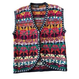 Vintage Tarazzia Multicolor Knit Vest Medium Silver Buttons Colorful Bright 90s